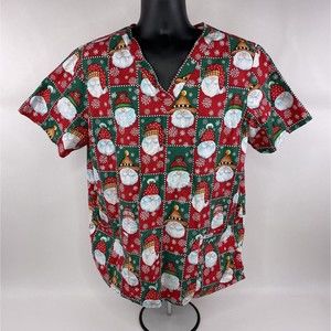 Nurse Scrubs Santa Claus Christmas Top V-neck Red Green Cherokee Size Large